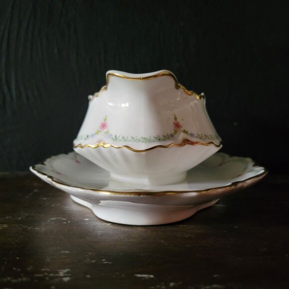 Pope Gosser Gravy Boat w/ Attached Underplate Gold Trim Pink Flower Green Swag - Picture 6 of 12